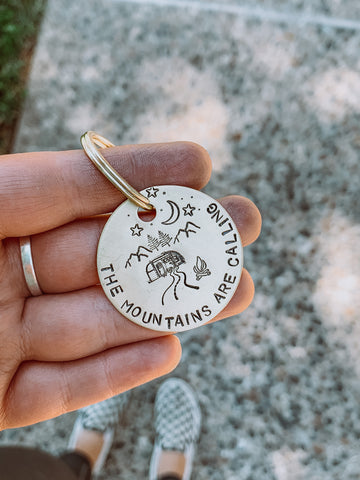 The Mountains are Calling | Stamped Metal Keychain